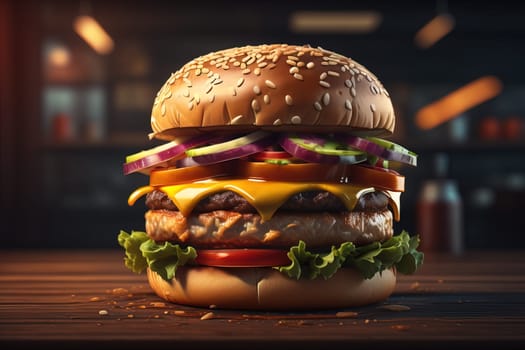Big tasty hamburger on wooden table. ai generative