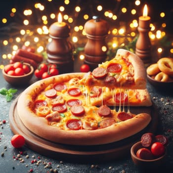 Hot pizza slice with melting cheese on a rustic wooden table.