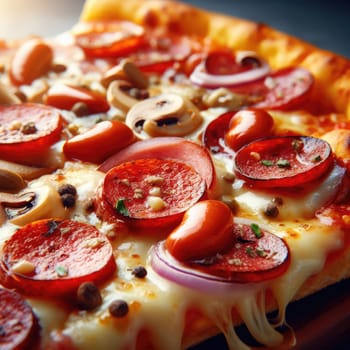 Hot pizza slice with melting cheese on a rustic wooden table.
