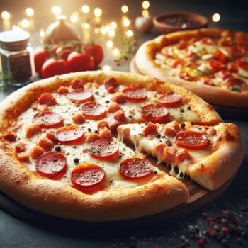 Hot pizza slice with melting cheese on a rustic wooden table.