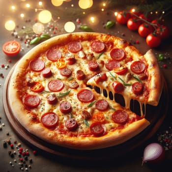 Hot pizza slice with melting cheese on a rustic wooden table.