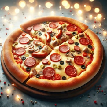 Hot pizza slice with melting cheese on a rustic wooden table.