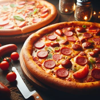 Hot pizza slice with melting cheese on a rustic wooden table.
