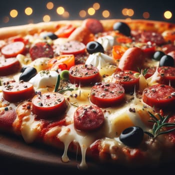 Hot pizza slice with melting cheese on a rustic wooden table.