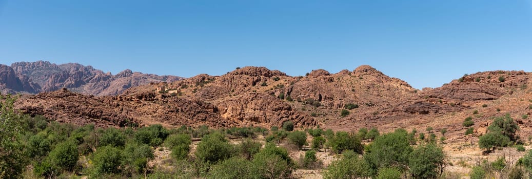 Great panoramic landscape of the Anti-Atlas mountains in the Taourirt region, Morocco