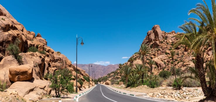 Driving through the scenic Tafraoute valley in the Anti-Atlas mountains in Morocco