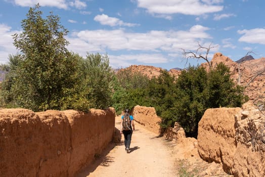 Hiking through the scenic Tafraoute valley in the Anti-Atlas mountains in Morocco