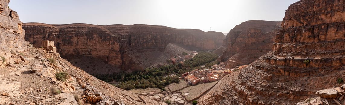 Panoramic view of famous Amtoudi gorge and the Aguellouy agadir, an old granary, in the Anti-Atlas mountains, Morocco