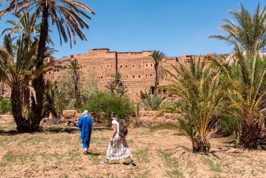 Farmland in front of the scenic berber village Tamenougalt in the Draa valley, a tourist being led by a berber to the village, Morocco