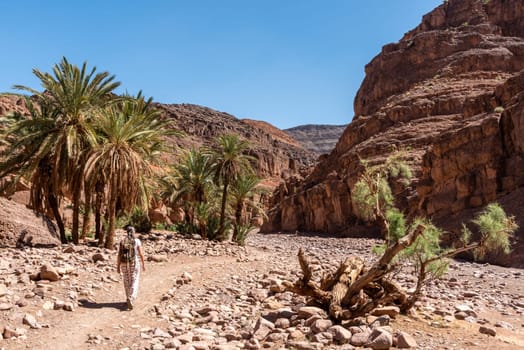 Hiking through the beautiful landscape of the Draa valley near Tizgui village, Morocco