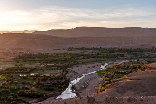Scenic sunset over the Ait Ben Haddou valley in Morocco