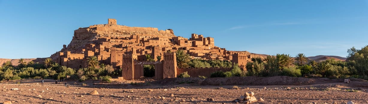 Sunrise over the beautiful historic town Ait Ben Haddou in Morocco, famous berber town with many kasbahs built of clay, UNESCO world heritage