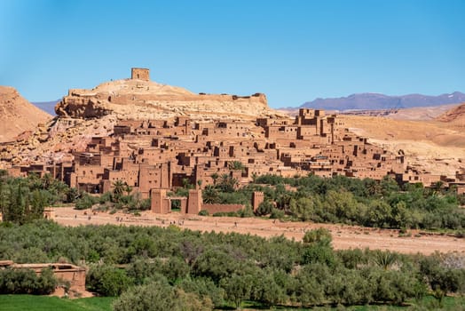 Famous view of the historic town Ait Ben Haddou in Morocco, famous berber town with many kasbahs built of clay, UNESCO world heritage