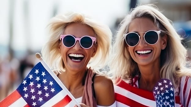 Happy two elderly pensioner women with an American flag on Independence Day holidays United States of America. American President's Day, USA Independence Day, American flag colors background, 4 July, February holiday, stars and stripes, red and blue