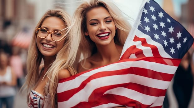 Happy two women with an American flag in city on the Independence Day holidays of the United States of America. American President's Day, USA Independence Day, American flag colors background, 4 July, February holiday, stars and stripes, red and blue