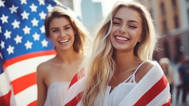 Happy two women with an American flag in city on the Independence Day holidays of the United States of America. American President's Day, USA Independence Day, American flag colors background, 4 July, February holiday, stars and stripes, red and blue