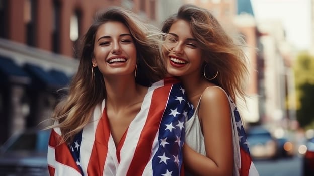 Happy two women with an American flag in city on the Independence Day holidays of the United States of America. American President's Day, USA Independence Day, American flag colors background, 4 July, February holiday, stars and stripes, red and blue