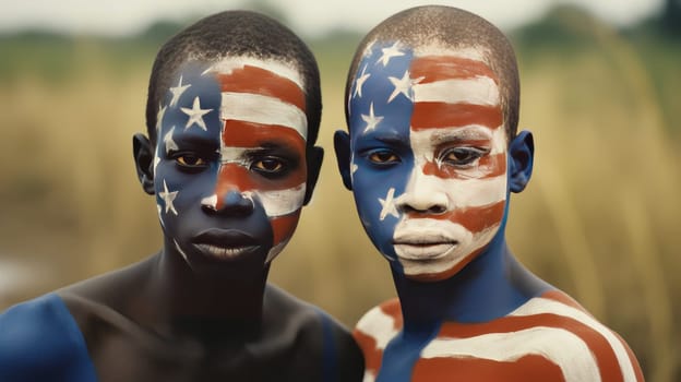 Two cute African American black boys with their faces painted in color of flag of the United States of America. American President's Day, USA Independence Day, American flag colors background, 4 July, February holiday, stars and stripes, red and blue