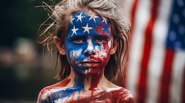 A cute child with the colors of the flag of the United States of America painted on his face. American President's Day, USA Independence Day, American flag colors background, 4 July, February holiday, stars and stripes, red and blue