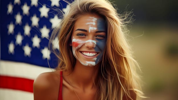 A smiling girl with her face painted in the colors of the flag of the United States of America. American President's Day, USA Independence Day, American flag colors background, 4 July, February holiday, stars and stripes, red and blue