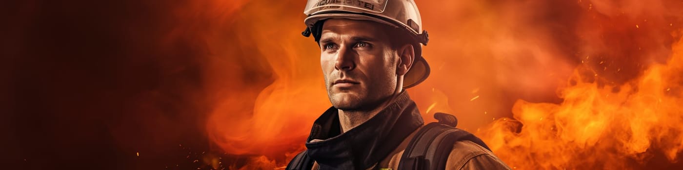 Portrait of firefighter when extinguishing fire, fireman