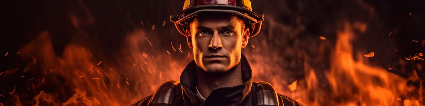 Portrait of firefighter when extinguishing fire, fireman