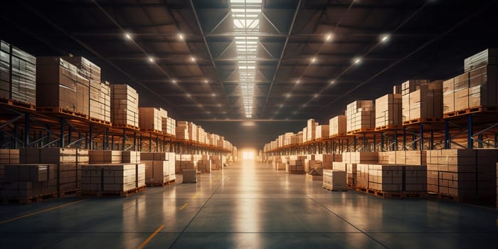 Modern logistics warehouse or stock for a goods, concept of a detailed coordination of a complex operation involving many people, facilities, or supplies