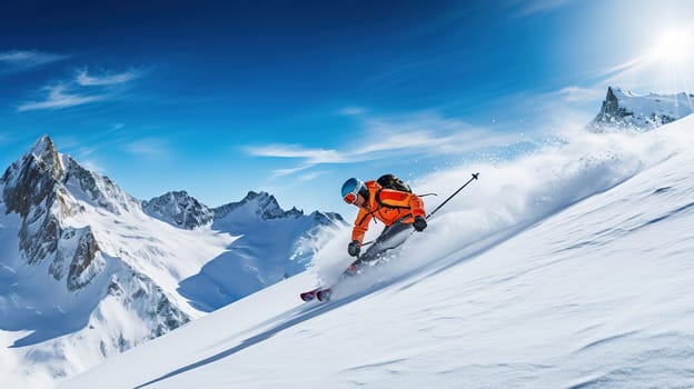Man enjoying skiing in the alpine glacier with a blue sky, sport concept