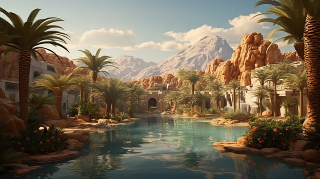 Oasis a fertile spot in desert, where water is found with palm trees, nature concept