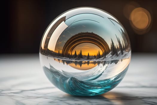 Transparent crystal ball on a wooden table. ai generative