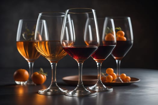 Wine glasses on a wooden table against the background. ai generative