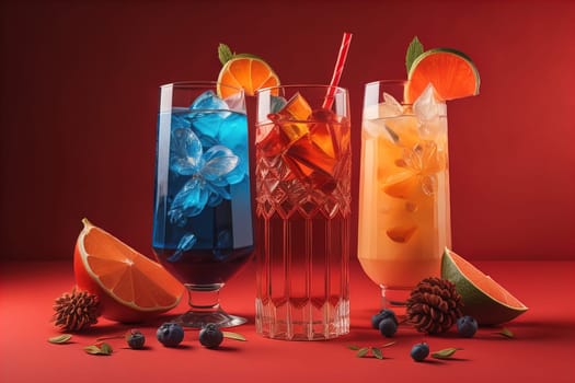 Glasses of sangria with fruits and berries on solid color background. ai generative