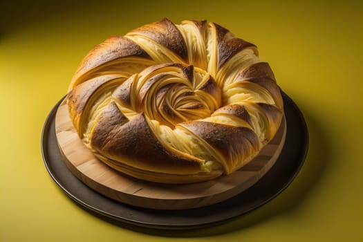 Freshly baked sweet buns on a red background. Toned. ai generative