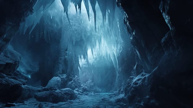 A frosty ice cave with huge icicle around, nature concept