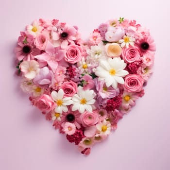 The heart is lined with beautiful pink and white flowers on a pink background. The concept of the holiday. Minimalism. High quality photo