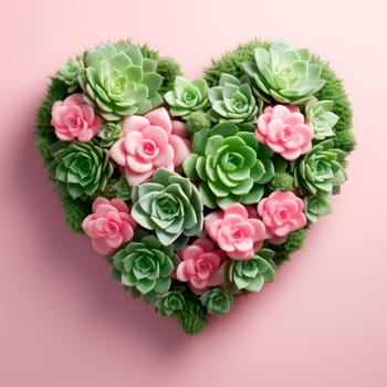 The heart is lined with beautiful succulents on a light pink background. Minimalism.