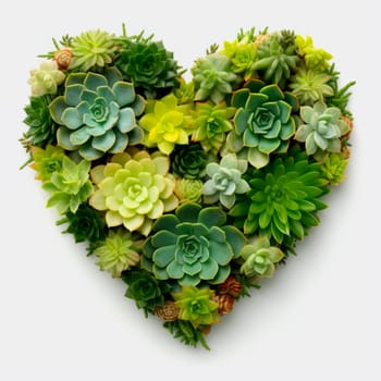 The heart is lined with beautiful succulents on a light background. Minimalism.