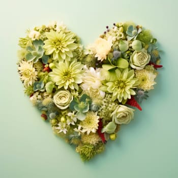 The heart is lined with beautiful succulents and flowers on a light background. Minimalism.