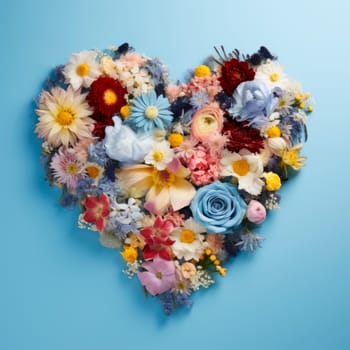 The heart is lined with beautiful multicolored flowers on a blue background. The concept of the holiday. Minimalism. High quality photo