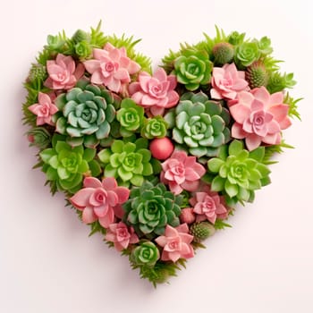 The heart is lined with beautiful succulents on a light pink background. Minimalism.