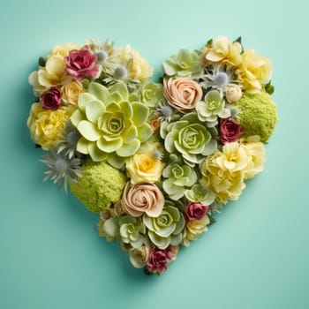 The heart is lined with beautiful succulents and flowers on a light background. Minimalism.