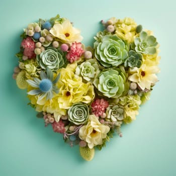 The heart is lined with beautiful succulents and flowers on a light background. Minimalism.