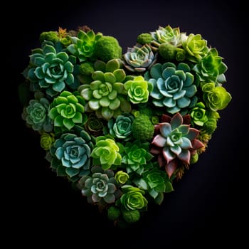The heart is lined with beautiful succulents on a black background. Minimalism.