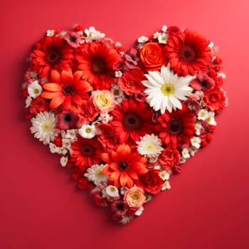 The heart is lined with beautiful flowers on a red background. Minimalism.