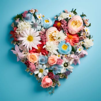 The heart is lined with beautiful multicolored flowers on a blue background. The concept of the holiday. Minimalism. High quality photo