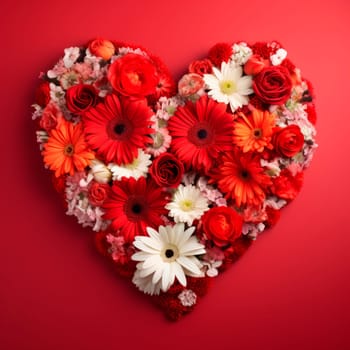 The heart is lined with beautiful flowers on a red background. Minimalism.