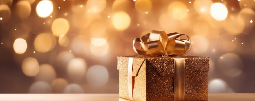 gold bokeh abstract background and gift box. AI Generated