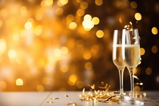 Blue and gold bokeh abstract background and champagne flute. AI Generated