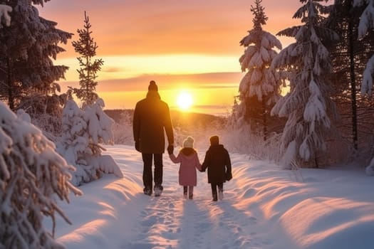 Happy family Father, mother and children are having fun and playing on snowy winter walk in nature. comeliness