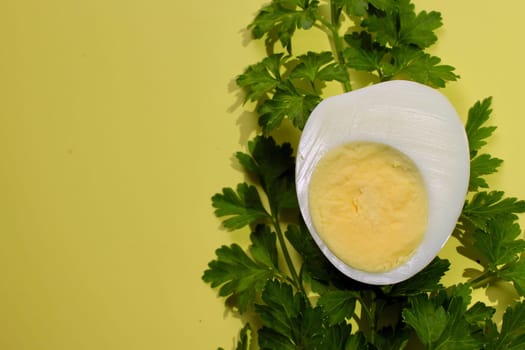 Green parsley and a boiled chicken egg on a yellow background. High quality photo